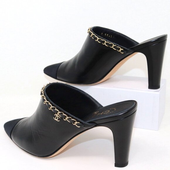 Chanel 38.5 2 Tone Leather Grosgrain Leather Mule Chain CC Detail Heel Boots - Picture 8 of 14